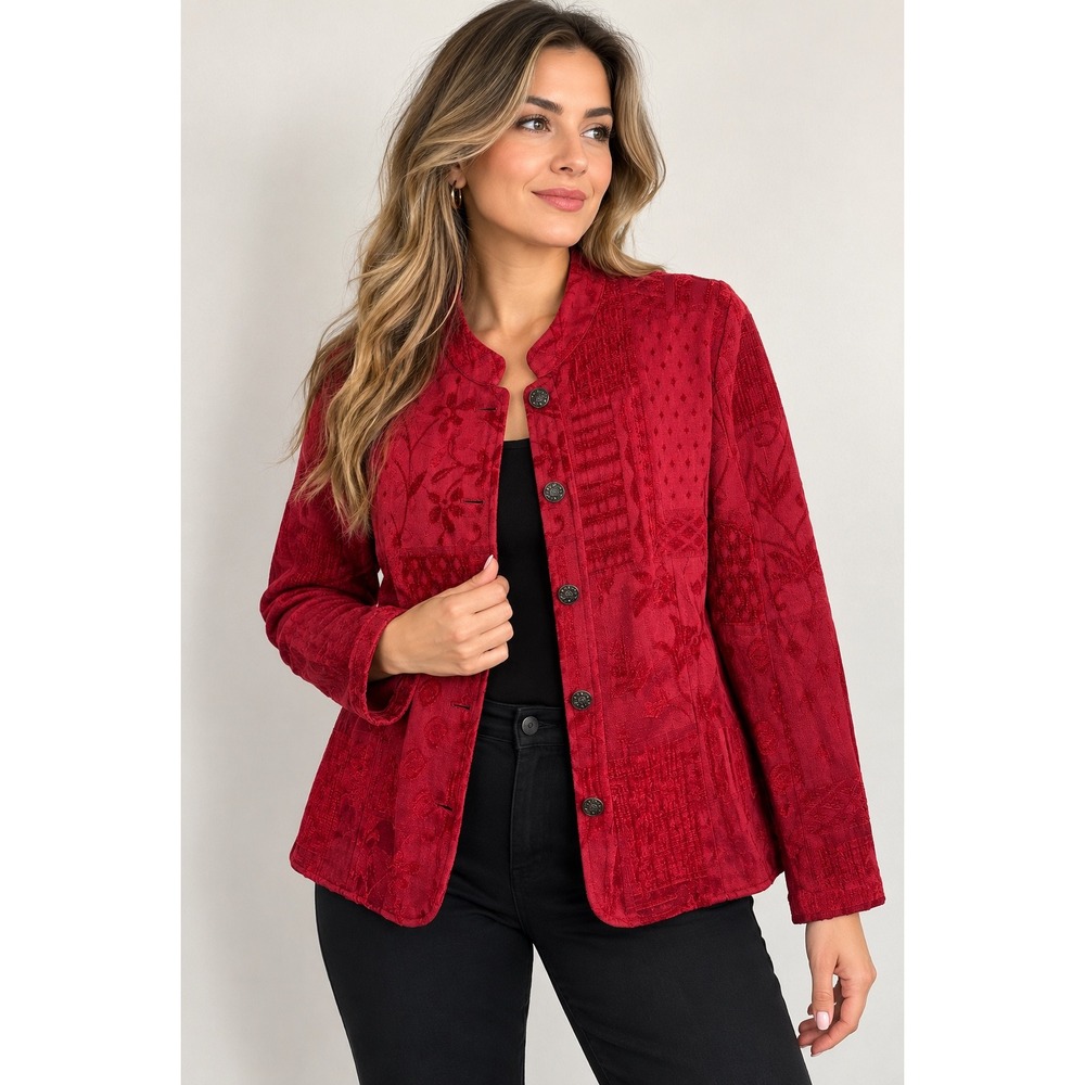Dressbarn Jacket Womens XL Red Excellent Jacquard Mandarin Collar Button Front